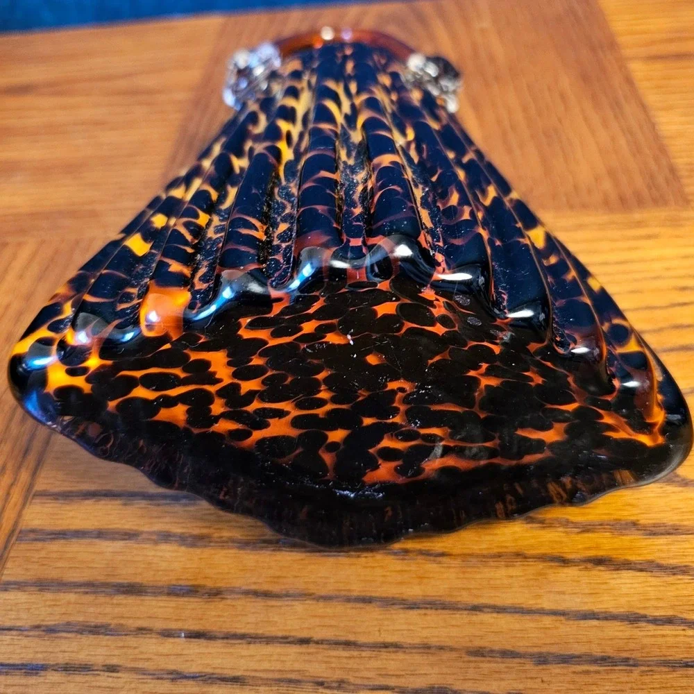 Vintage Art Glass Tortoiseshell Purse Vase Amber Brown Leopard Print Hand Blown